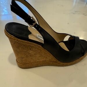 Jimmy Choo Black leather, 105 Amely Cork Wedge With Braid Trim